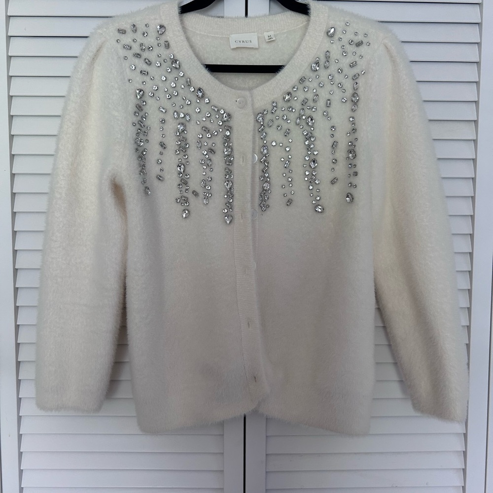 Cyrus Ivory Rhinestone-Embellished Fuzzy Cardigan